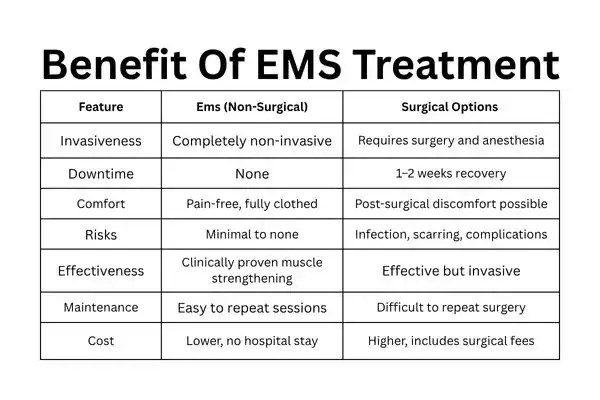 Table showing the benefits of urinary incontinence treatment Portsmouth