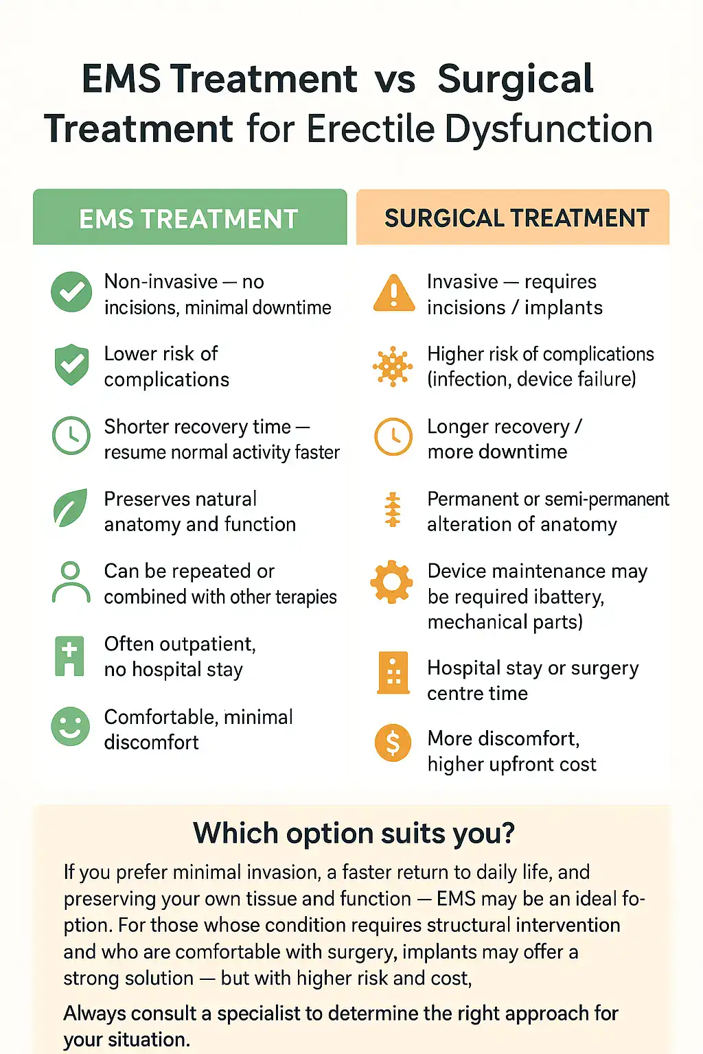 A table showing the benefits of EMS chair for erectile dysfunction treatment Portsmouth compared to surgery.